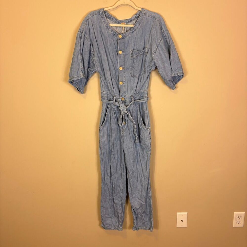 Free People Light Blue Denim Utility Short Sleeve Jumpsuit Size XS